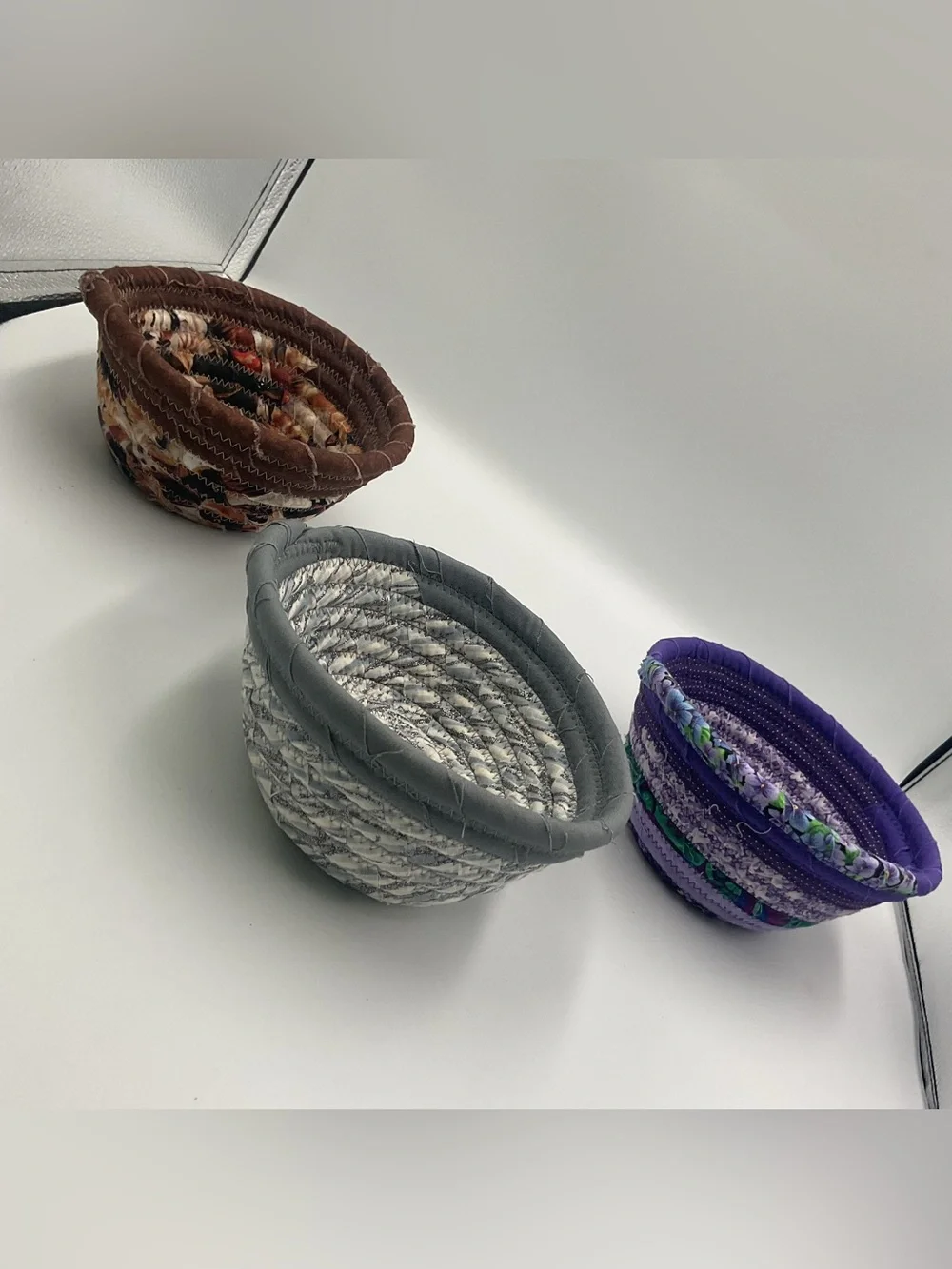 Hand Crafted Coil Baskets in Gray, Purple and Brown